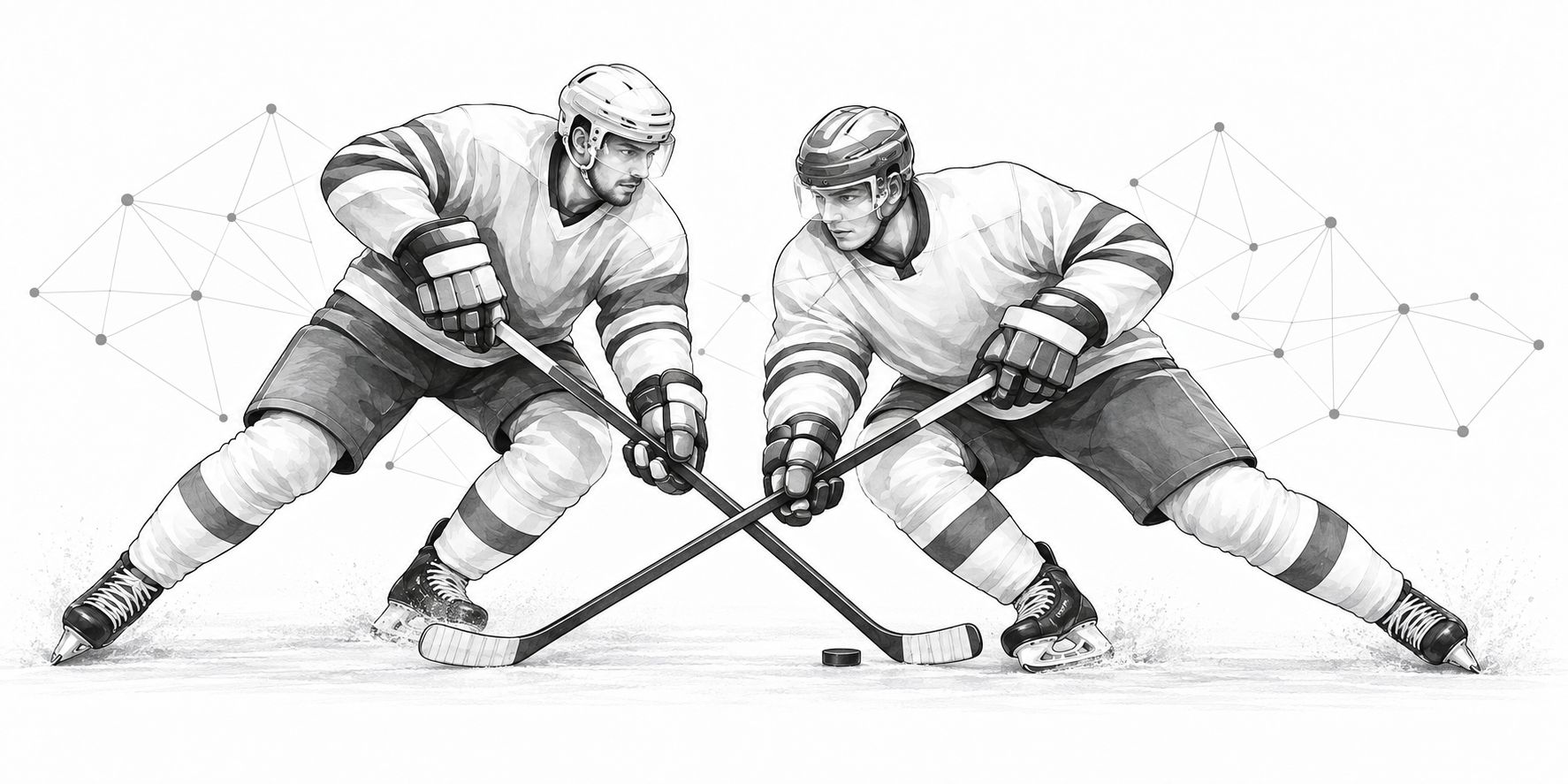Two ice hockey players competing for the puck, with connected data points behind them