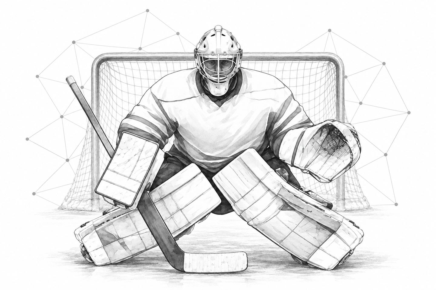 Ice hockey goalie guarding the net, surrounded by connected data points