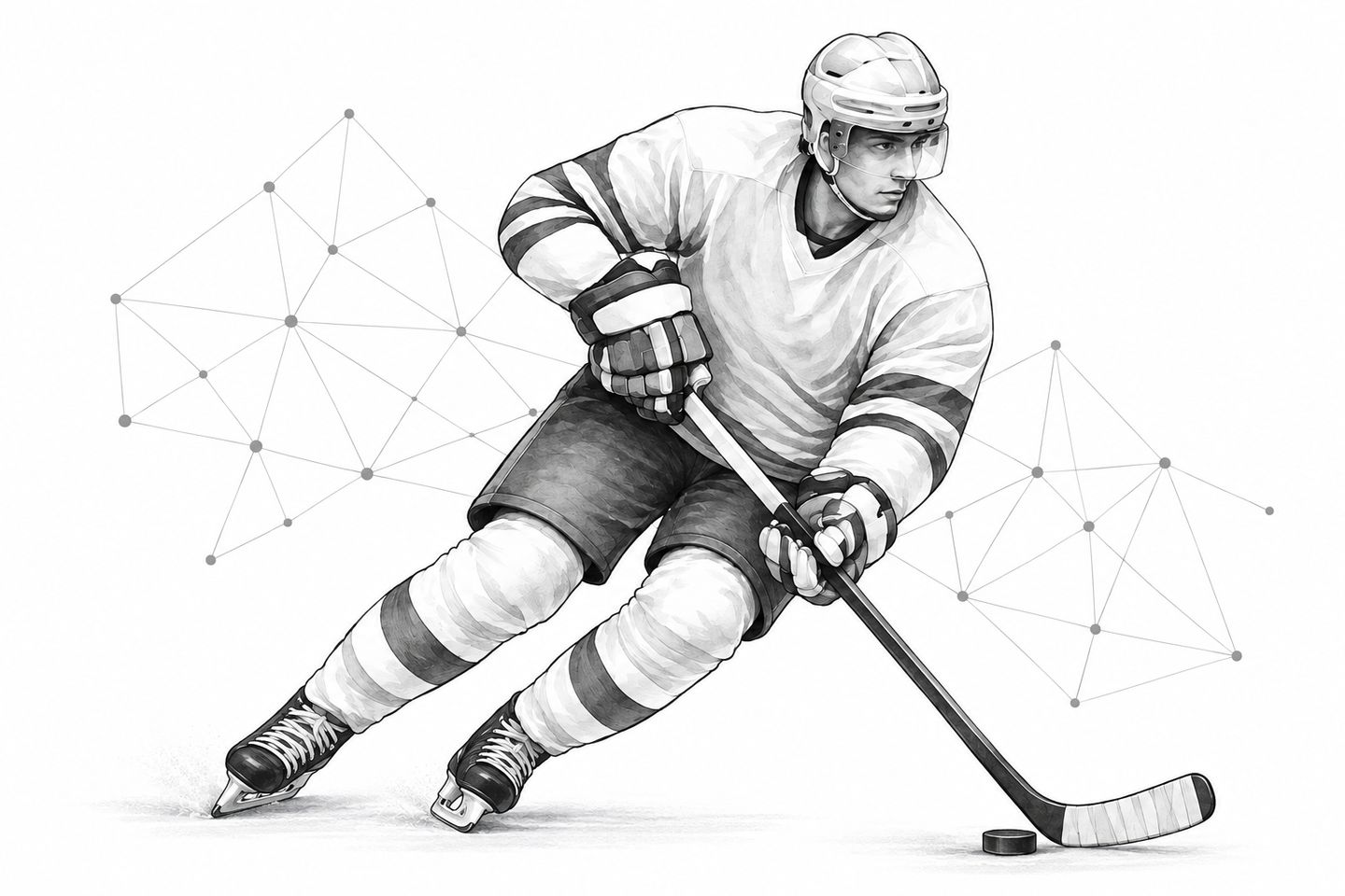Ice hockey skater controlling the puck, with a network of data points behind him